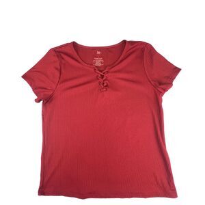 SO Blouse XL Burgundy Textured Vertical Ribbed Knit Tee Lace Up Wine Red Top